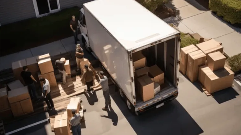 Camión de mudanza con la puerta abierta y cajas cargadas